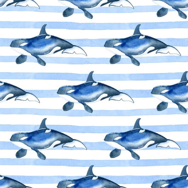 Orca on a striped background watercolor hand painted seamless pattern. — Stock Photo, Image