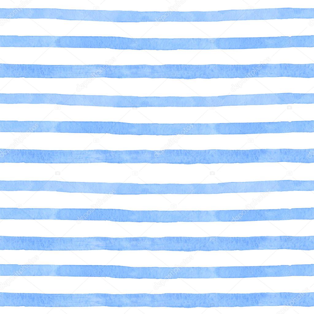 Sea strip watercolor hand painted seamless pattern. Blue Sea background.