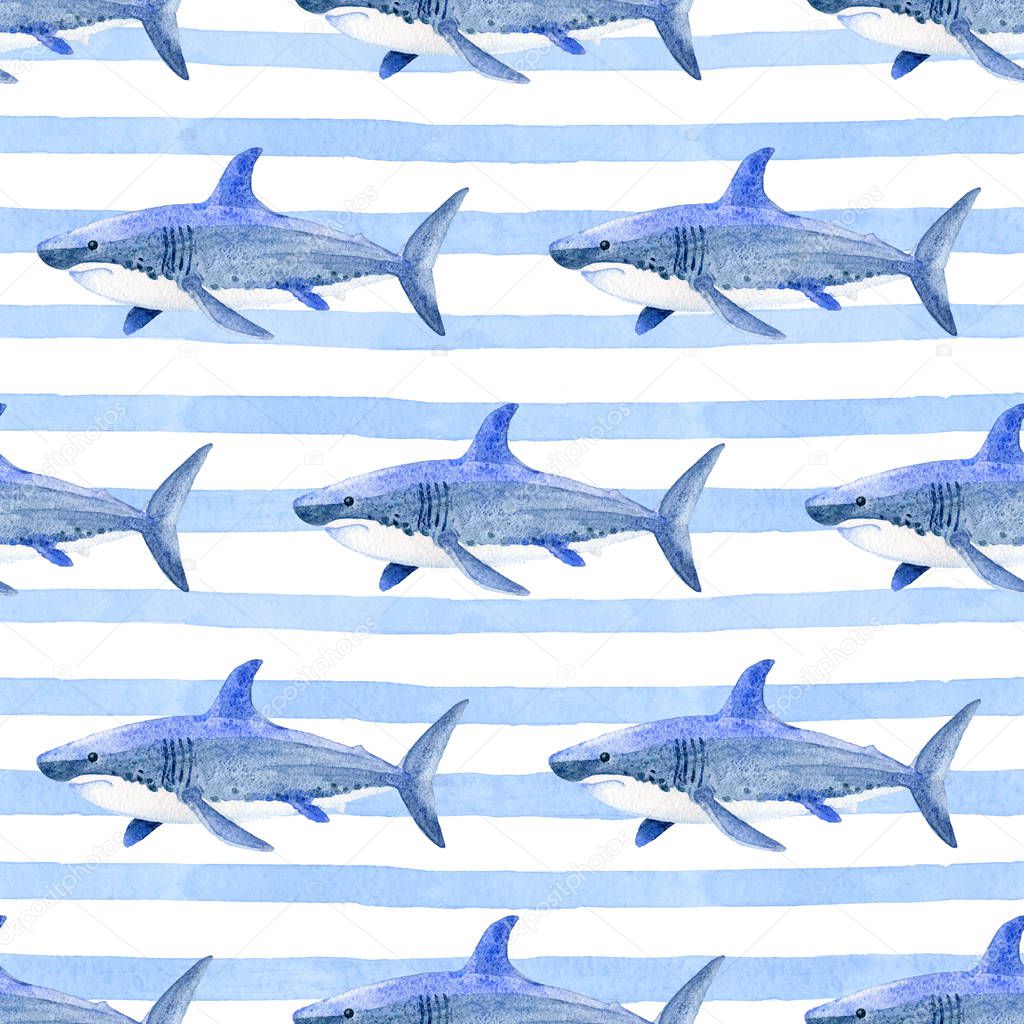 Shark on a striped background watercolor hand painted seamless pattern.