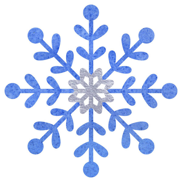 Blue and silver snowfloke watercolor hand painted illustration.