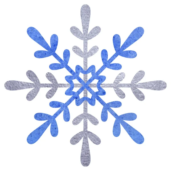 Mavi ve gümüş snowfloke suluboya el boyalı illüstrasyon. — Stok fotoğraf