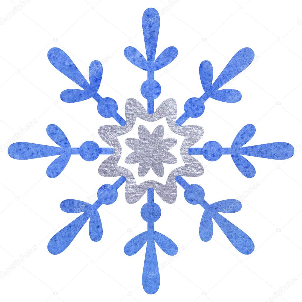 Blue and silver snowfloke watercolor hand painted illustration.