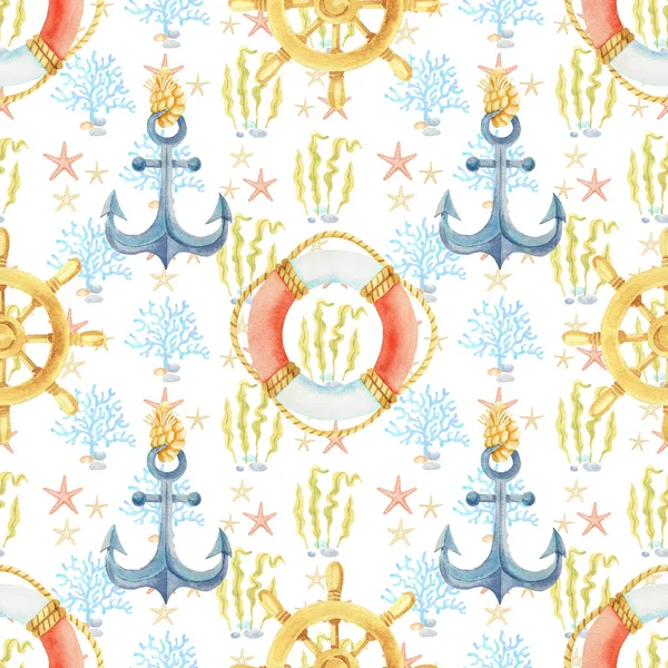 Anchor, steering wheel, life buoy watercolor hand painted seamless pattern. — Stock Photo, Image