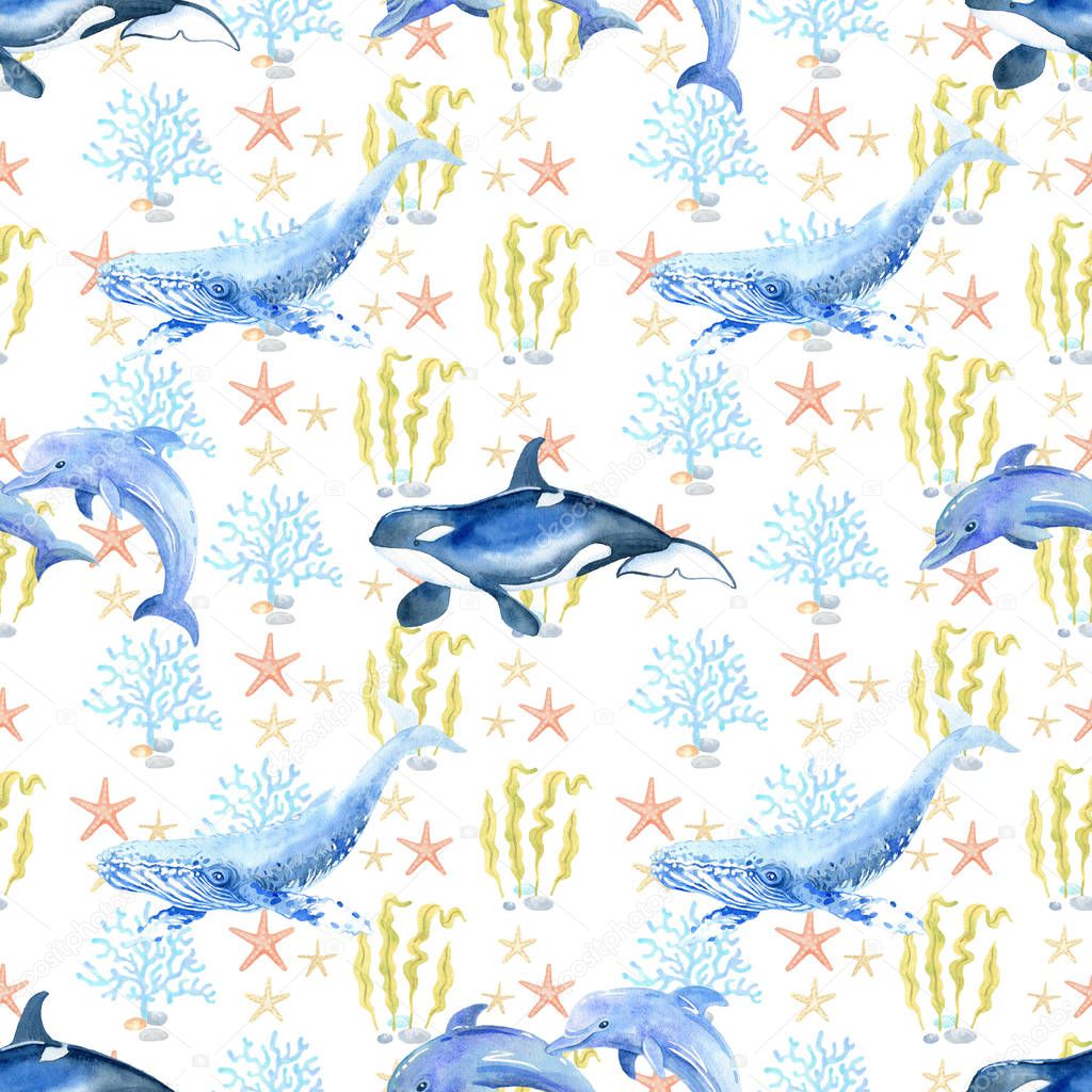 dolphin, killer whale, orca, whale, shark, watercolor hand painted seamless pattern.
