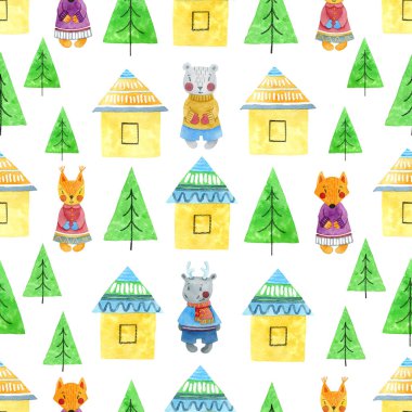 Orman hayvan suluboya el dikişsiz desen boyalı.