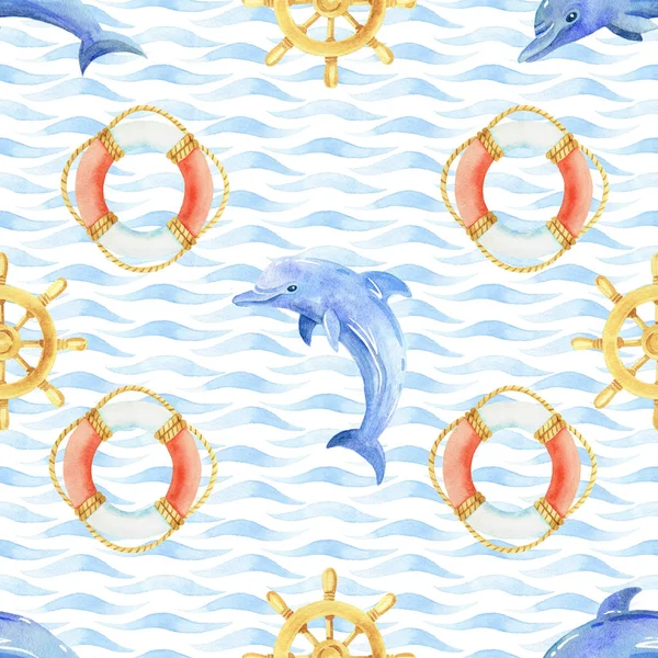 Delphin, Lenkrad und Rettungsboje von Hand mit Wasserfarbe bemalt. — Stockfoto