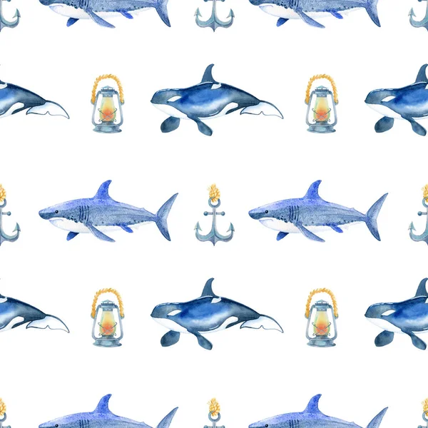 Shark, orca watercolor hand painted seamless pattern.