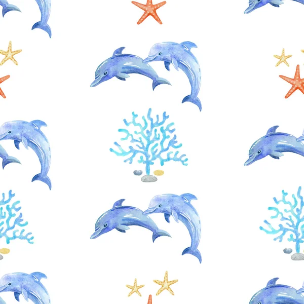 Delphin und Algen Aquarell Hand bemalt nahtlose Muster. — Stockfoto