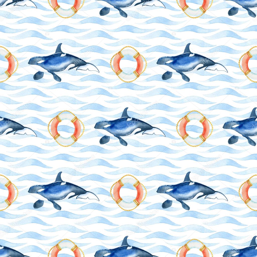 orca and life buoy watercolor hand painted seamless pattern.