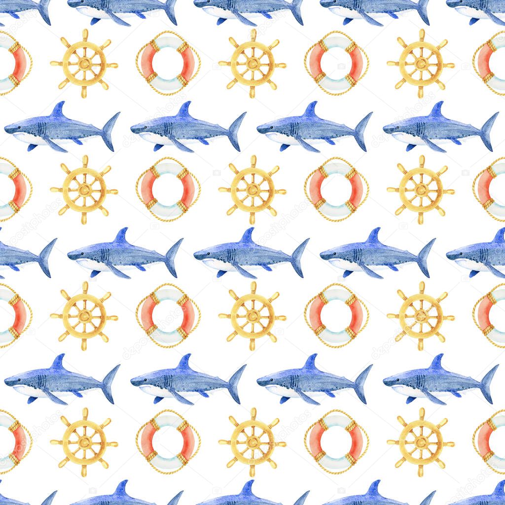 Shark, steering wheel and life buoy watercolor hand painted seamless pattern.