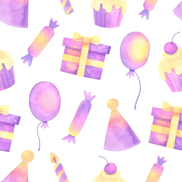 Ballon and confetti hand painted watercolor seamless pattern. — Stock Photo, Image