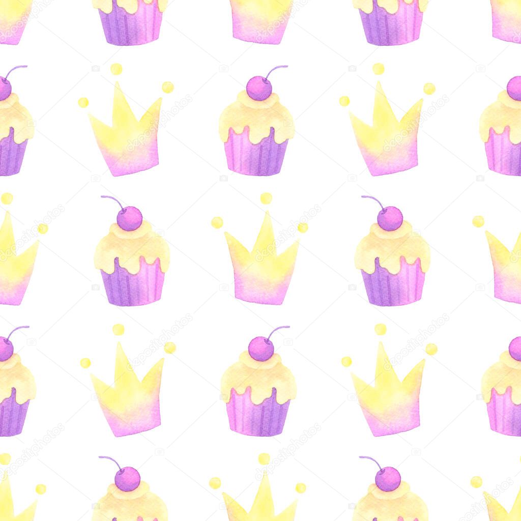 cake and crown hand painted watercolor seamless pattern.