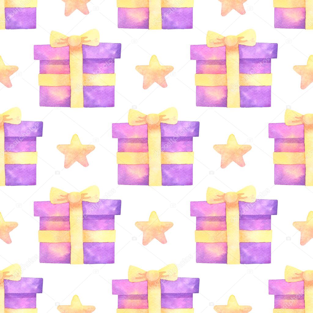 gift and star hand painted watercolor seamless pattern.