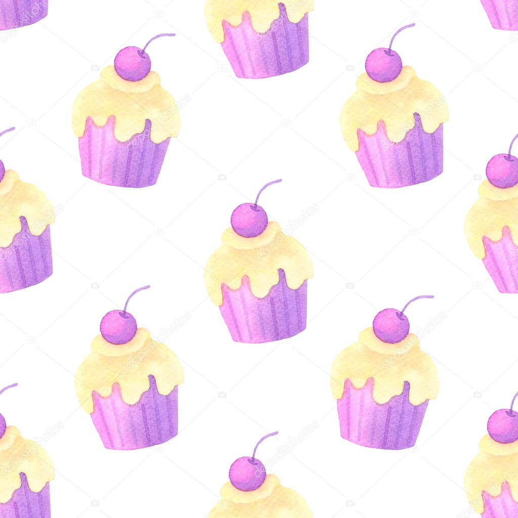 Cake and confetti hand painted watercolor seamless pattern.