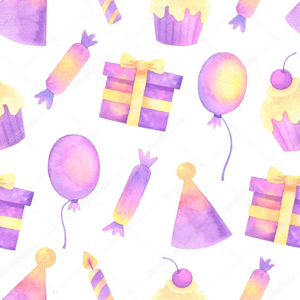 ballon and confetti hand painted watercolor seamless pattern.