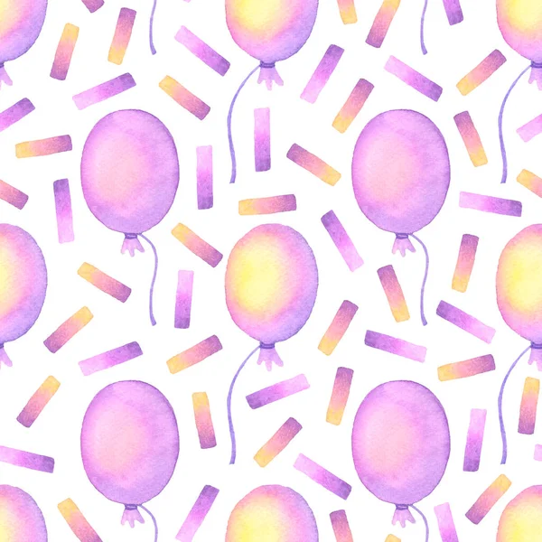 Ballon and confetti hand painted watercolor seamless pattern.