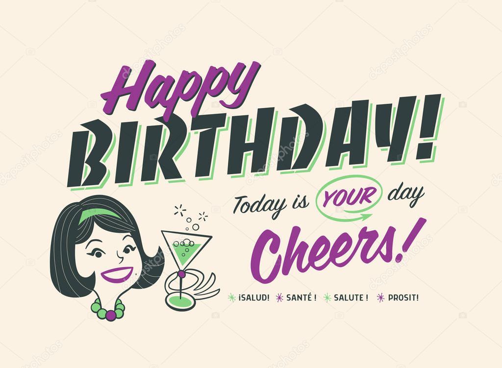 Vintage Style Happy Birthday Postcard - Today is your day, Cheers! 