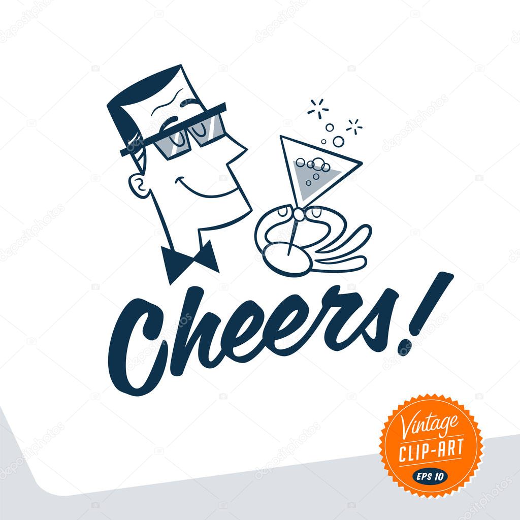 Vintage style clip art - Mid-century man holding a glass of champagne and cheering up - Vector EPS10
