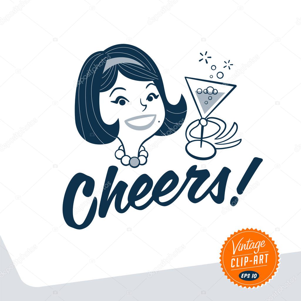 Vintage style clip art - Mid-century woman holding a glass of champagne and cheering up - Vector EPS10