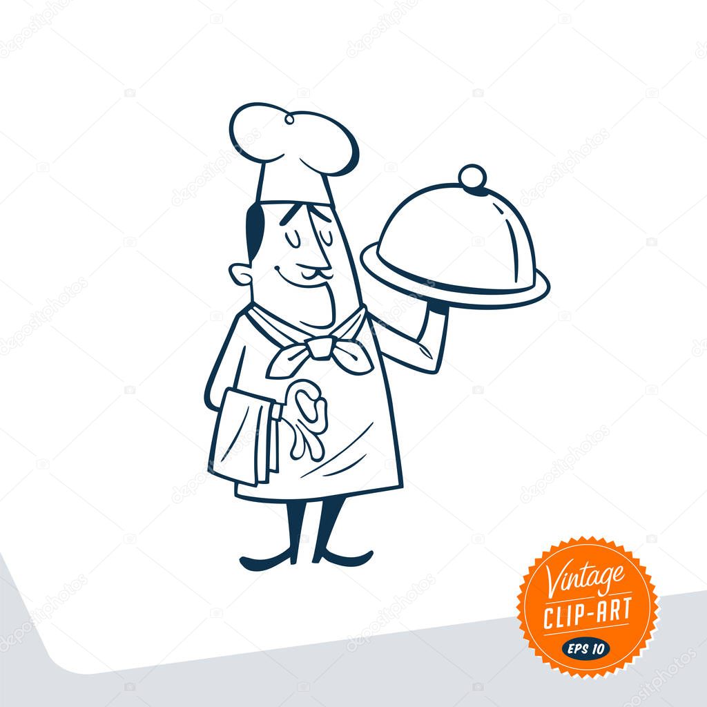 Vintage Style Clip Art - Chef Holding a Plate with a Cloche  - Vector EPS10.