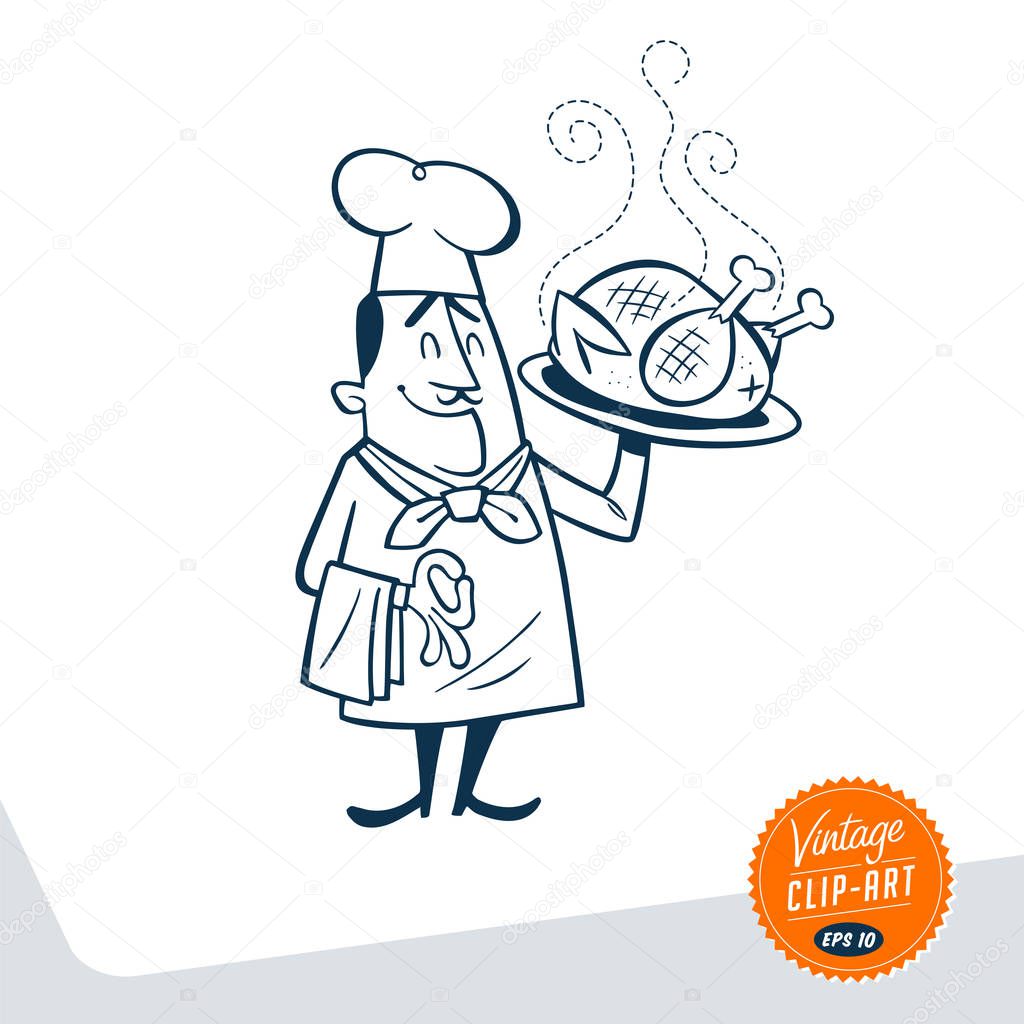 Vintage Style Clip Art - Chef presenting his big roasted chicken on a large plate - Vector EPS10.
