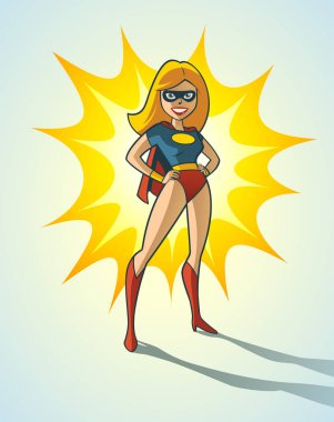 Vektör vintage tarzı süper kadın ile onun etrafında bir serin güç patlama.