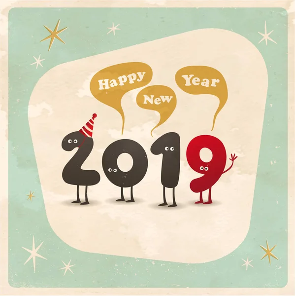 Cartão Saudação Engraçado Estilo Vintage Feliz Ano Novo 2019 Efeitos —  Vetores de Stock