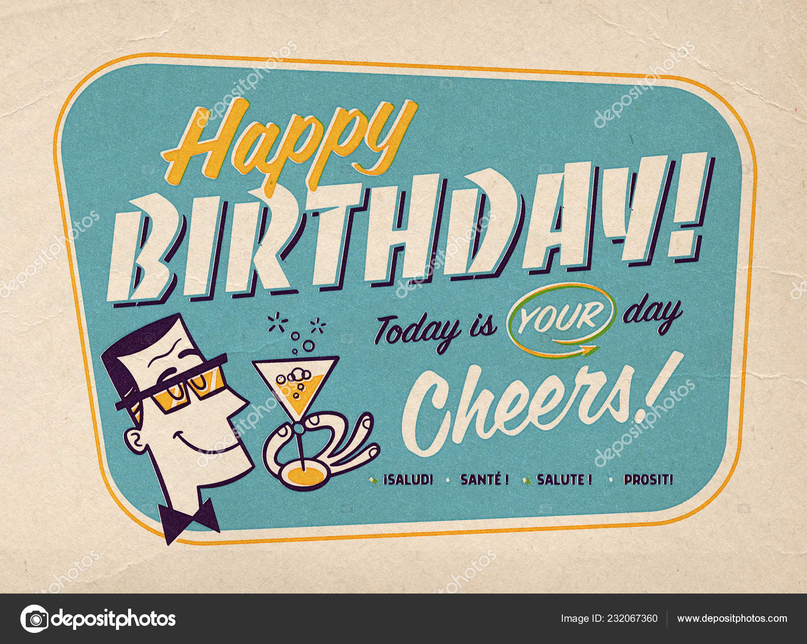 Vintage Style Happy Birthday Card Illustration Retro Prepress Effects ...