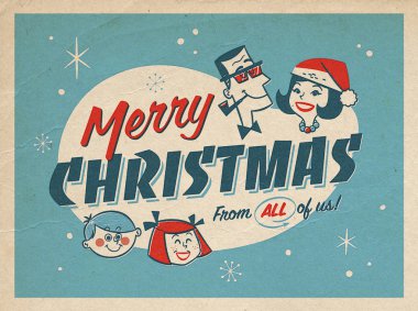 Vintage tarzı Illustration gerçekçi vintage baskı öncesi yazdırma etkileri ile Noel kartpostalı. Hepimizin mutlu Noeller!