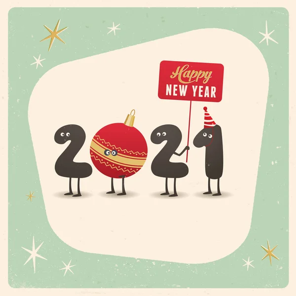 Cartão Saudação Engraçado Estilo Vintage Feliz Ano Novo 2021 Editável —  Vetores de Stock