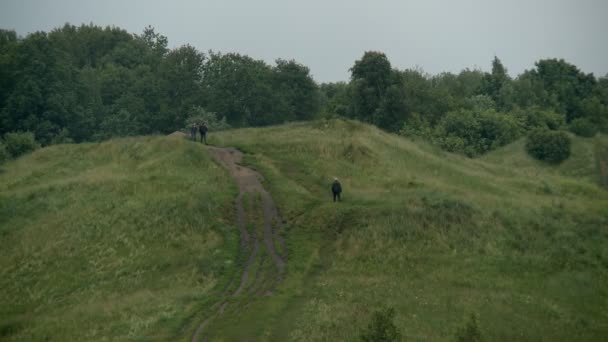 Varias personas caminando en el campo vista de la carretera — Vídeo de stock