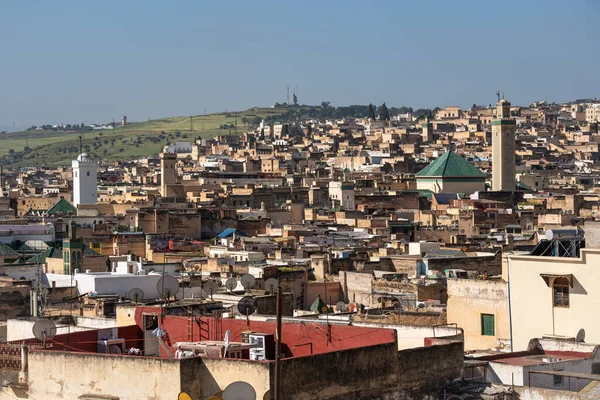 Fez Medina 'nın panoramik manzarası, bilinen adıyla Fes el Bali, Unesco Dünya Mirası Sitesi, Fas