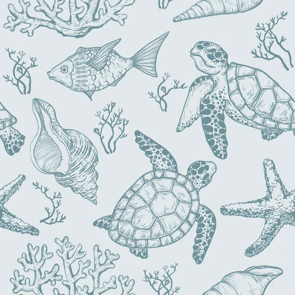 Seamless Pattern Sketch Sea Shells Fish Corals Turtle Hand Drawn — Stock Vector
