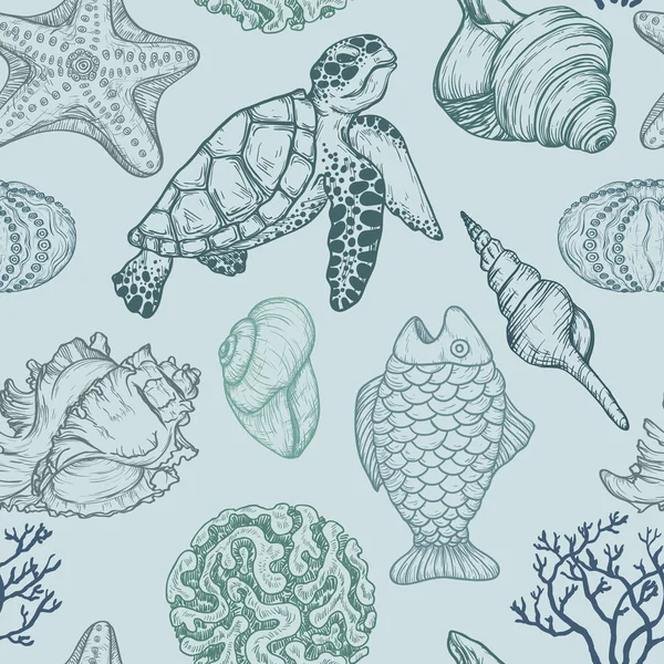 Бесшовный рисунок с эскизом морских раковин, рыбы, кораллов и черепах. Ручной рисунок. Seal Ocean Life — стоковый вектор