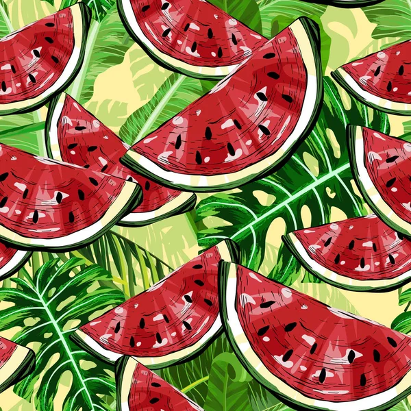 Karpuz ve tropikal ile Seamless modeli yapraklar