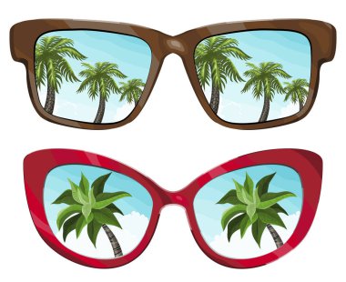 Tropikal yansıtan güneş gözlüğü palmiye ve yaz gökyüzü slue