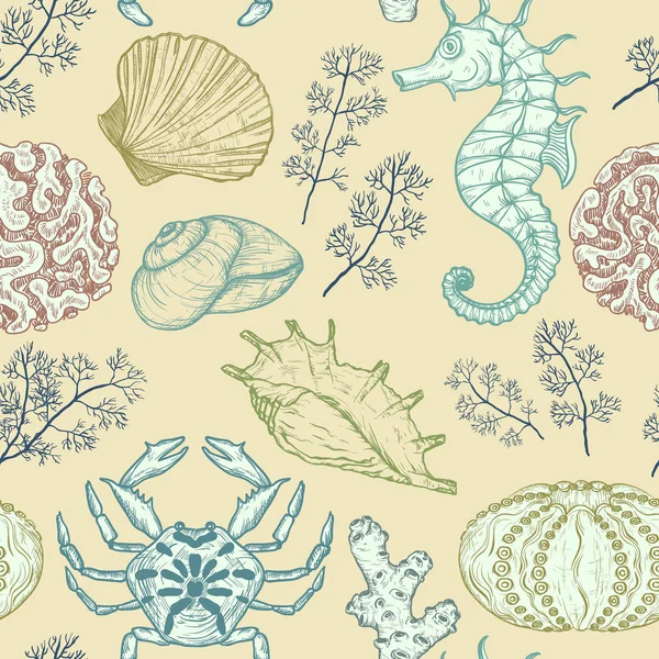 Seamless pattern with sketch of sea shells, corals and sealife. Hand Drawn illustration. Ocean animals — Stock Vector