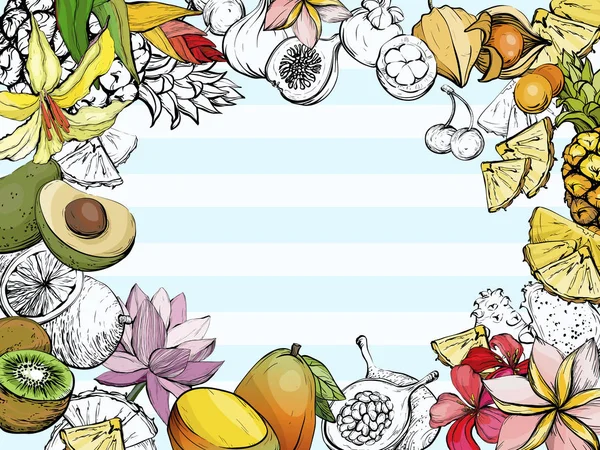 Zomer achtergrond met fruit en bloemen — Stockvector