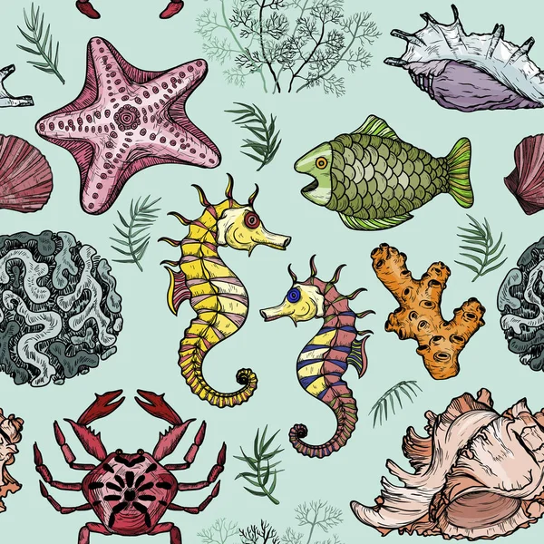 Бесшовный узор с морскими раковинами, рыбой, кораллами и черепахами — стоковый вектор