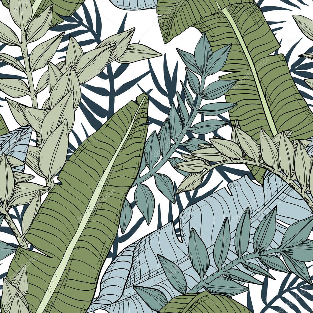 Floral jungle seamless leaves pattern with tropical plants