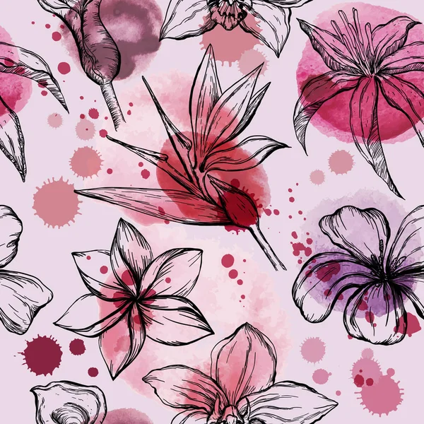 Nahtloses Aquarellmuster mit Blumenskizze - Orchidee, Clematis, Plumeria, Frangipani und Paradiesvogel — Stockvektor