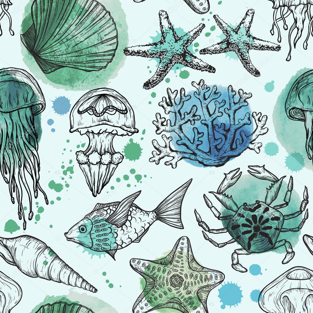 Seamless watercolor pattern with sketch of sea shells, fish, corals and jellyfish. Hand Drawn background