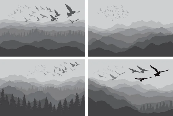 Conjunto de pancartas de paisaje con siluetas de aves sobre montañas y bosques — Vector de stock