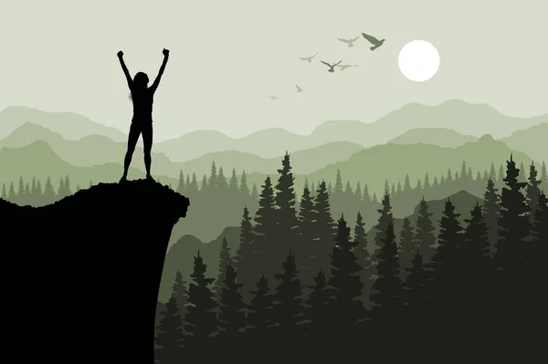 Human standing on the top of mountain — Stock Vector