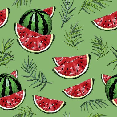 Karpuz ve palm ile Seamless modeli yapraklar