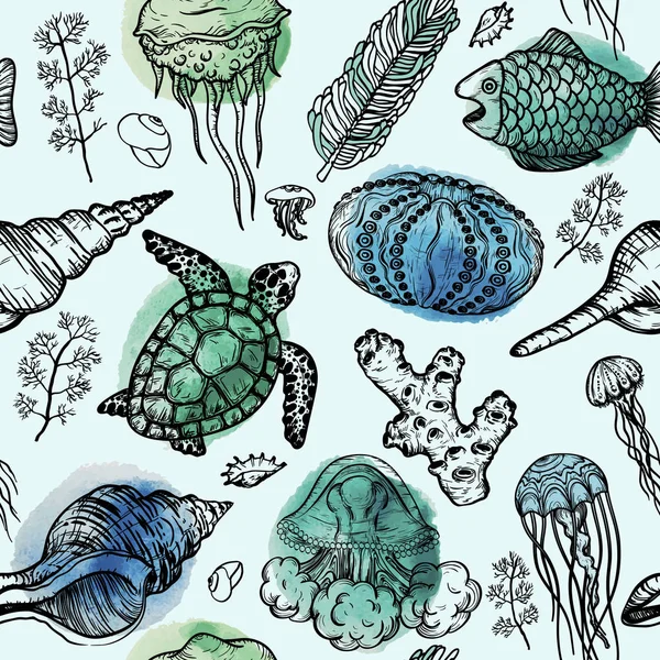 Seamless watercolor pattern with sketch of sea shells, turtle, corals and jellyfish. Hand Drawn background — Stock Vector