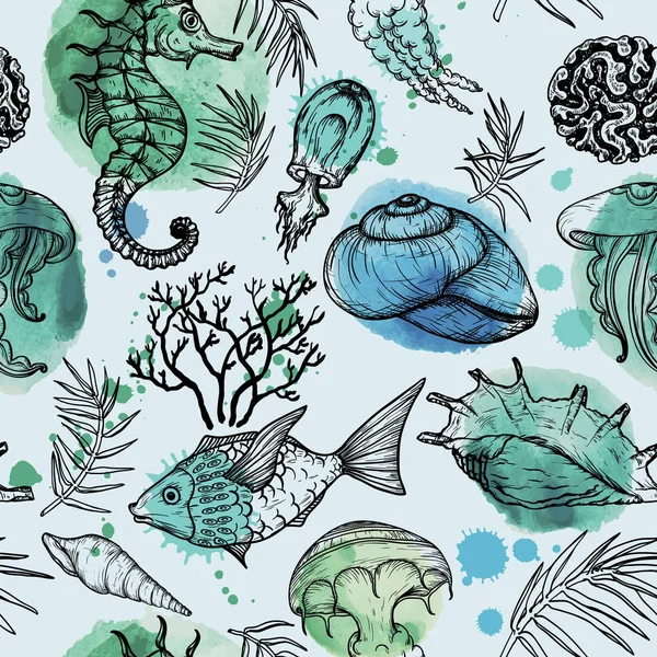 Seamless watercolor pattern with sketch of sea organisms. Hand Drawn background — Stock Vector