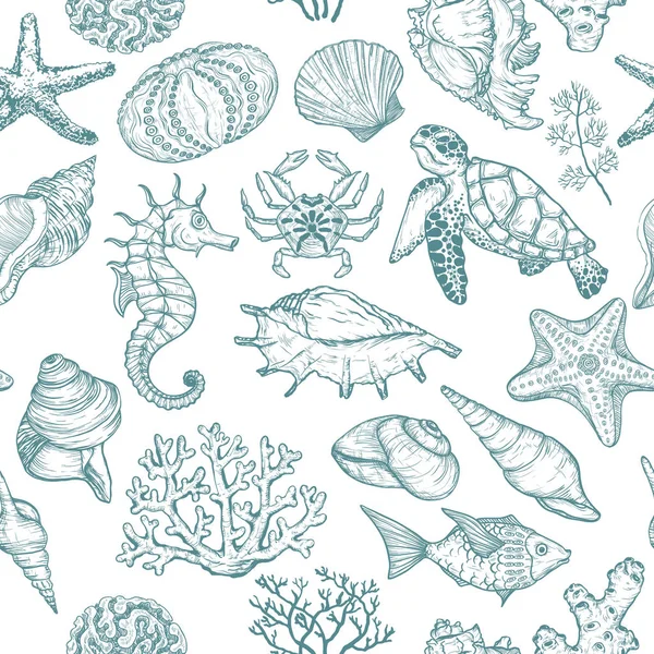 Varrat nélküli mintát vázlatot az óceán tömítés élet szervezetek kagyló, halak, korallok és a tengeri teknős. — Stock Vector