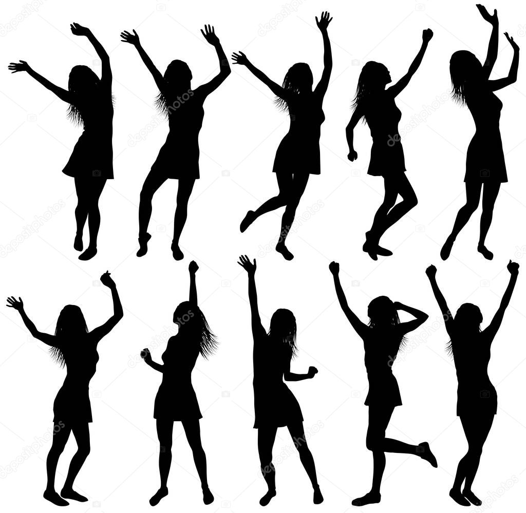 Illustration with happy dancing women silhouettes with hands up, isolated