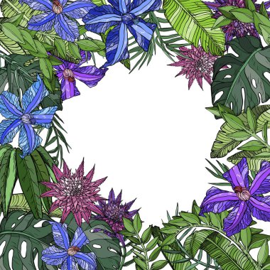 Mavi ve mor çiçekler, clematis çiçekler ile Seamless modeli.